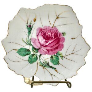 Vintage Nasco Japan Pink Rose Trinket Dish or Decorative Plate Gold Trim 4.5 in